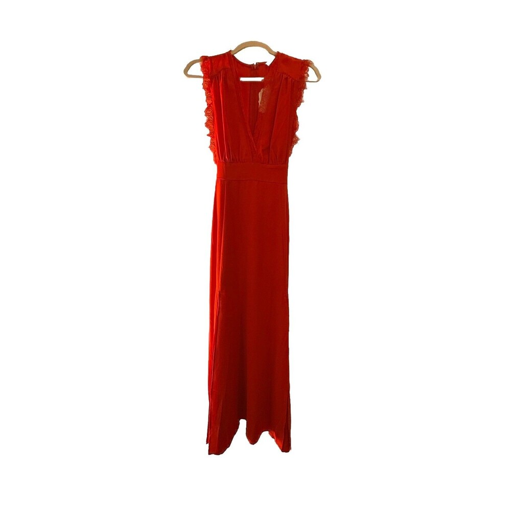Altar’d State Womens Maxi Dress Red Lace Front Slit V Neck Tie Size Small